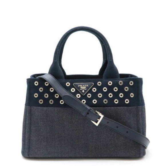 Prada Canapa Denim Patch Grommet Shoulder Bag BLEU Navy Blue - Picture 1 of 8